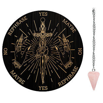 AHADEMAKER Dowsing Divination Supplies Kit, Including PVC Plastic Pendulum Board, 304 Stainless Steel Cable Chain Necklaces, Cone/Spike Natural Rose Quartz Stone Pendants, Sword Pattern, Board: 200x4mm