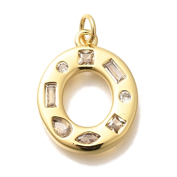 Brass Micro Pave Clear Cubic Zirconia Pendants, with Jump Ring, Lead Free and Cadmium Free, Long-Lasting Plated, Rack Plating, Letter Charms, Real 18K Gold Plated, Letter O, 20x16x2.7mm, jump ring: 5x1mm, 3mm inner diameter.