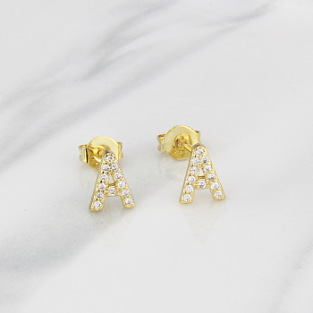 Brass Clear Cubic Zirconia Stud Earrings, Golden, Letter A, 6.5x6.5mm