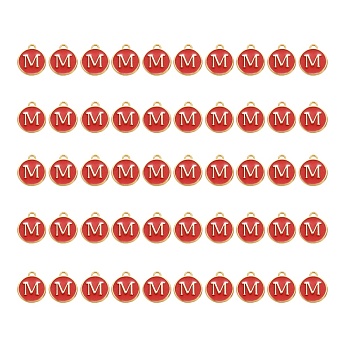 Golden Plated Alloy Charms, with Enamel, Enamelled Sequins, Flat Round, Red, Letter.M, 14x12x2mm, Hole: 1.5mm, 50pcs/Box