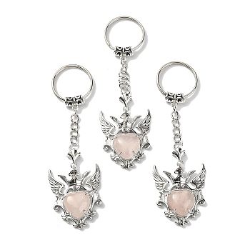 Natural Rose Quartz Heart with Wing Pendant Keychain, with Platinum Tone Brass Findings, 9.6cm