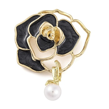 Alloy & Plastic Pearl Brooch, Flower Enamel Pins for Women, Black, 34x42mm