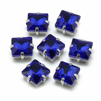 Sew on Rhinestone, Multi-strand Links, Glass Rhinestone, with Brass Prong Settings, Garments Accessories, Faceted, Square, Platinum, Royal Blue, 10.5x10.5x7mm, Hole: 0.8~1mm