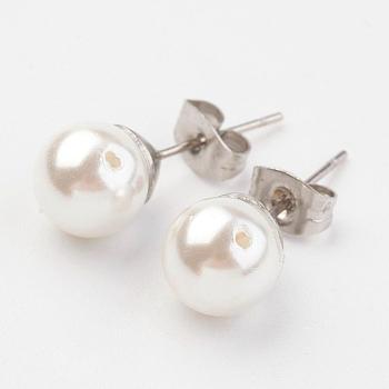 Shell Pearl Ball Stud Earring Findings, with 304 Stainless Steel Ear Stud Components, White, 8mm, Pin: 0.7mm
