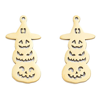 Ion Plating(IP) 201 Stainless Steel Pendants, Halloween Style, Pumpkin Jack-O'-Lantern, Real 18K Gold Plated, 30x15x1mm, Hole: 1.4mm