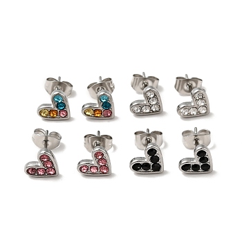Heart 304 Stainless Steel Rhinestone Stud Earrings, 316 Surgical Stainless Steel Pin Ear Studs, with Ear Nuts, Stainless Steel Color, Mixed Color, 7x8.5mm, Pin: 0.7mm