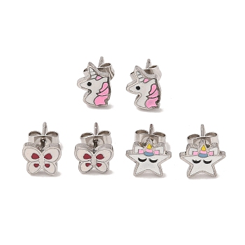 3 Pairs 3 Styles 304 Stainless Steel Enamel Stud Earrings for Women, Star & Horse & Butterfly, Stainless Steel Color, 7~10.5x7.5~10mm, 1 pair/style
