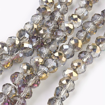 Electroplate Glass Beads Strands, Half Plated, Faceted, Rondelle, Silver, 6x4~5mm, Hole: 0.8~1mm, about 88~92pcs/strand, 15.5 inch~16 inch(39~45cm)