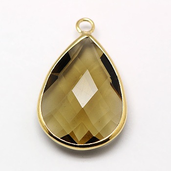 Golden Tone Brass Glass Teardrop Pendants, Faceted, Tan, 18x10x5mm, Hole: 2mm