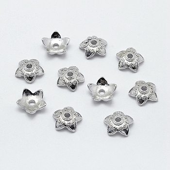 5-Petal Brass Caps, Long-Lasting Plated, Nickel Free, Flower, Real Platinum Plated, 10x3mm, Hole: 1.6~1.8mm