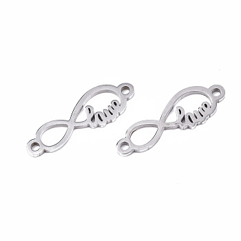 201 Stainless Steel Links Connectors, Laser Cut, for Valentine's Day, Infinity with Word Love, Stainless Steel Color, 6.5x20x1mm, Hole: 1.2mm