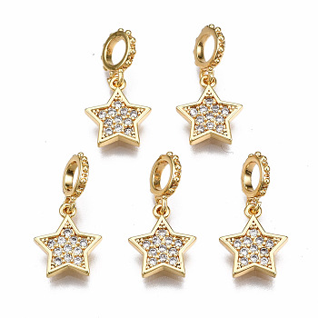 Brass Micro Pave Clear Cubic Zirconia Pendants, Nickel Free, Star, Real 18K Gold Plated, 18x9x1.5mm, Hole: 3mm, Ring: 8x6x1mm, Star: 10x9x1.5mm