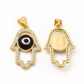 Rack Plating Brass Micro Pave Clear Cubic Zirconia Pendants, with Handmade Evil Eye Lampwork, Cadmium Free & Lead Free, Long-Lasting Real 18K Gold Plated, Hamsa Hand Charm, Black, 25.5x17x4mm, Hole: 5.5x3.5mm