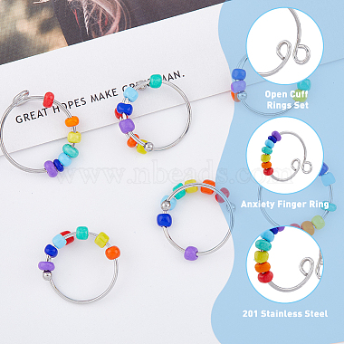 10Pcs 2 Style Rainbow Color Glass Beaded Rotating Open Cuff Rings Set(RJEW-DC0001-15)-4