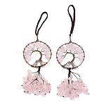 Wire Wrapped Chips Natural Rose Quartz Big Pendant Decorations, with Red Copper Plated Brass Wires and Nylon Cord, Flat Round with Tree of Life, 160~180mm(HJEW-H057-02A)
