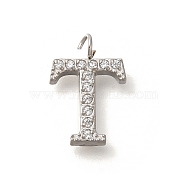 304 Stainless Steel Micro Pave Cubic Zirconia Pendants, Letter A~Z Charms, Letter T, 13x8.5x2mm, Hole: 1.8mm(STAS-H228-06P-T)