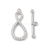 Brass Micro Pave Clear Cubic Zirconia Toggle Clasps, Infinity, Real Platinum Plated, Infinity: 22x10x3mm, Hole: 1.2mm, Bar: 20x4.5x2mm, Hole: 1.2mm(KK-P234-66P)