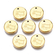 316 Surgical Stainless Steel Charms, Flat Round with Constellation, Real 14K Gold Plated, Gemini, 10x2mm, Hole: 1mm(STAS-S116-418E-G)