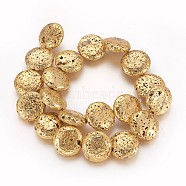 Electroplated Natural Lava Rock Beads Strands, Long-Lasting Plated, Flat Round, Golden Plated, 19~20x6.5~7mm, Hole: 1mm, about 20pcs/strand, 14.56 inch(37cm)(G-P400-10G)