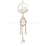 Stainless Steel Cable Chains Pouch Teardrop Pendant Decorations, Hanging Suncatchers, with Glass Moon/Star Charm and Natural Quartz Crystal, Golden, 200mm(HJEW-JM01578)