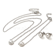 Flat Round Plastic Imitation Pearl Pendant Necklaces & Bracelets & Stud Earrings Sets, 304 Stainless Steel Jewerly Set for Women, Stainless Steel Color, 7.60 inch(193mm)(SJEW-C004-02P)