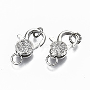 Brass Micro Pave Clear Cubic Zirconia Lobster Claw Clasps, with Jump Rings, Nickel Free, Real Platinum Plated, 15x16x4mm, Hole: 3.5mm, Jump Ring: 5x0.8mm(KK-S356-111P-NF)