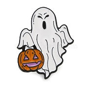 Halloween Theme Enamel Pins, Alloy Brooch, Ghost with Pumpkin, 30x24mm(JEWB-Z030-01H)