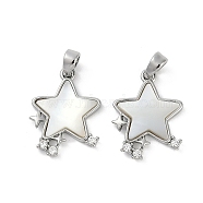 Natural White Shell Star Pendants, Brass Micro Pave Clear Cubic Zirconia Star Charms, Platinum, 17.5x14x3mm, Hole: 3x5mm(KK-U043-22P-02)