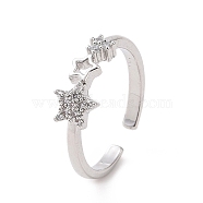 Clear Cubic Zirconia Hollow Out Star Open Cuff Ring, Brass Jewelry for Women, Platinum, Inner Diameter: 16mm(RJEW-E072-23P)