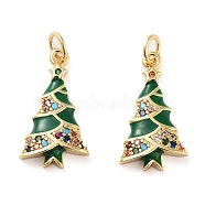 Christmas Theme Rack Plating Brass Pendants, Micro Pave Colorful Grade AAA Cubic Zirconia, with Enamel and Jump Ring, Long-Lasting Plated, Cadmium Free & Lead Free, Christmas Tree, 20x11.5x3mm, Hole: 3mm(KK-M280-11E-G)