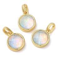 Rack Plating Brass with Synthetic Opal Pendants, Flat Round, Champagne Yellow, 14.5x11.5x6.5mm, Hole: 5mm(KK-S370-06G-02)