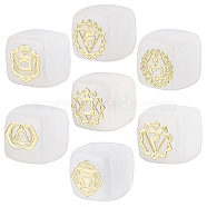 7Pcs 7 Styles Natural Quartz Crystal Beads, with Long-Lasting Plated Golden Tone Brass Chakra Pattern Slices, Cube, No Hole, 15.5~18x15~17x14.5~17mm, 1pc/style(G-BBC0001-06)