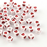 Opaque Acrylic European Beads, Large Hole Cube Beads, with Heart Pattern, Red, 7x7x7mm, Hole: 4mm, about 1900pcs/500g(OPDL-S078-04)
