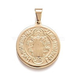 304 Stainless Steel Pendants, Flat Round with Saint Benedict Medal, Golden, 31x28x2mm, Hole: 5x8mm(STAS-J036-128G)