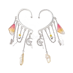 Wing Resin & Natural Quartz Crystal Points Beaded Dangle Earrings, Butterfly & Fairy Brass with Alloy Charm Earrings for Women, Antique Silver, 114~120x38mm(EJEW-TA00522)