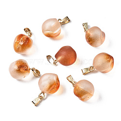 Two Tone Transparent Spray Painted Glass Pendants, with Golden Plated Iron Bails and Gold Foil, Frosted, Peach, Chocolate, 16~17x11~12x11~12mm, Hole: 6x2mm(GLAA-N035-015-C03)