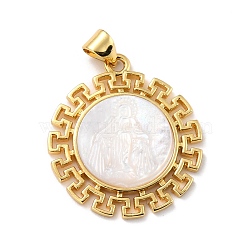 Eco-Friendly Brass Pendants, Long-Lasting Plated, with Natural Shell, Real 18K Gold Plated, Cadmium Free & Lead Free, Round with Jesus Pattern, Floral White, 26.5x23.5x2.5mm, Hole: 4.5x3.5mm(KK-D066-27G-RS)