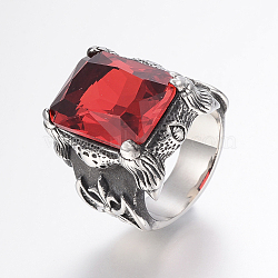 304 Stainless Steel Finger Rings, with Cubic Zirconia, Rectangle, Red, 17~22mm(RJEW-G091-26-A)