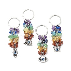 Chakra Natural Gemstone Chip Bead Keychain, with 304 Stainless Steel Findings, Butterfly/Owl/Elephant with Evil Eye, Platinum, 7.8~8.9cm(KEYC-JKC00415-02)