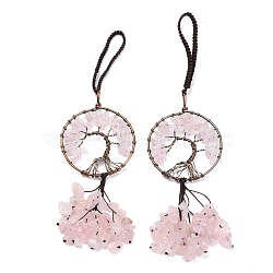 Wire Wrapped Chips Natural Rose Quartz Big Pendant Decorations, with Red Copper Plated Brass Wires and Nylon Cord, Flat Round with Tree of Life, 160~180mm(HJEW-H057-02A)