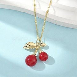 Brass Resin Fruit Cherry Pendant Satellite Chain Necklaces for Women, Dark Red, Real 18K Gold Plated, 17.91 inch(45.5cm)(NJEW-D306-02G-A)