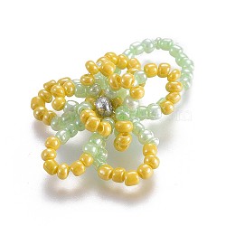Glass Seed Beaded Stretch Rings, with Nylon Wire, Flower, Gold, 16~18mm(RJEW-JR00252-05)