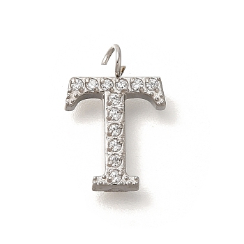 304 Stainless Steel Micro Pave Cubic Zirconia Pendants, Letter A~Z Charms, Letter T, 13x8.5x2mm, Hole: 1.8mm