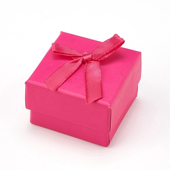Cardboard Jewelry Earring Boxes, with Ribbon Bowknot and Black Sponge, for Jewelry Gift Packaging, Square, Deep Pink, 5x5x3.5cm