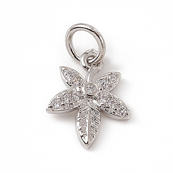 Brass Micro Pave Clear Cubic Zirconia Leaf Charms, with Open Jump Rings, Platinum, 12x9.5x2mm, Ring: 5x0.8mm, Hole: 3mm