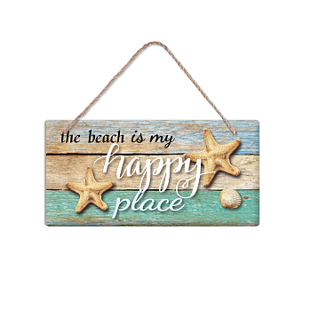 PVC Plastic Hanging Wall Decorations, with Jute Twine, Rectangle with Word Happy Place, Colorful, Starfish Pattern, 15x30x0.5cm