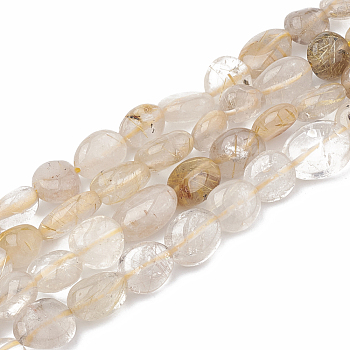 Natural Gold Rutilated Quartz Beads Strands, Oval, 8~15x8~10x4~10mm, Hole: 1mm, about 36~42pcs/strand, 15.7 inch