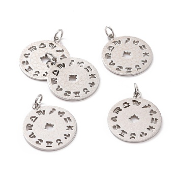 201 Stainless Steel Pendants, Flat Round with Constellation, Stainless Steel Color, 22x18.5x1mm, Hole: 3mm