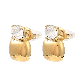 Glass Square Stud Earrings, Real 18K Gold Plated 304 Stainless Steel Earrings, Clear, 16.5x10mm