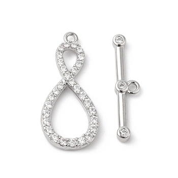 Brass Micro Pave Clear Cubic Zirconia Toggle Clasps, Infinity, Real Platinum Plated, Infinity: 22x10x3mm, Hole: 1.2mm, Bar: 20x4.5x2mm, Hole: 1.2mm